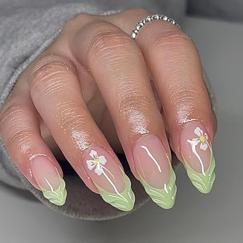 SXVME French Pink 3D Press on Nails Medium Short Almond, Flora Spring Fake Nails with Designs, Almond Glue on nails with Swirls, Thick Cute Stiletto Medium Short Nails for Women and Girls, 24 Pcs