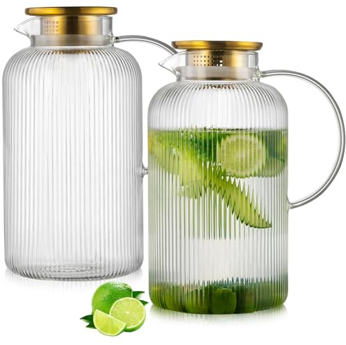 Buaic Glaskrug mit Deckel, 3 Liter, klassischer vertikaler Streifen, Wasserkaraffe für kaltgebrühte Getränke, Kaffee, Limonade, Eistee, Getränke, Milch, hitzebeständig