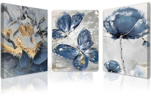 Qiukoo Set of 3 Framed Canvas Wall Art – Waterproof Modern Artwork with Hooks, Blue Butterfly and Floral Prints for Living Room Wall, Bedroom Pictures for Wall Decoration – 12x16 Inch