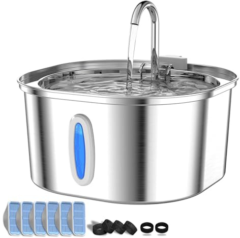 PEKTACO Edelstahl-Katzenbrunnen – 3.2L Katzenbrunnen für Innen mit Wasserstandsanzeige, Katzen Brunnen, Hunde Trinkbrunnen, 6 Filtern + 6 Schwämmen