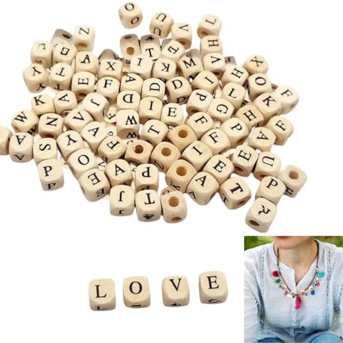 JFangZHZH Buchstabenperlen,100 Stück 10x10mm Holzperlen Auffädeln Würfel,Natur Holzbuchstaben Perlen,Bastelset Buchstabenwürfel,Mini Alphabet Beads,für DIY Herstellung