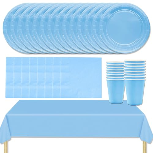 MOMAHUA Set di stoviglie per feste 53P, set di stoviglie blu chiaro con piatti, tovaglia, tovaglioli, tazze, decorazioni da tavola in tinta unita per compleanni, matrimoni, picnic, baby shower