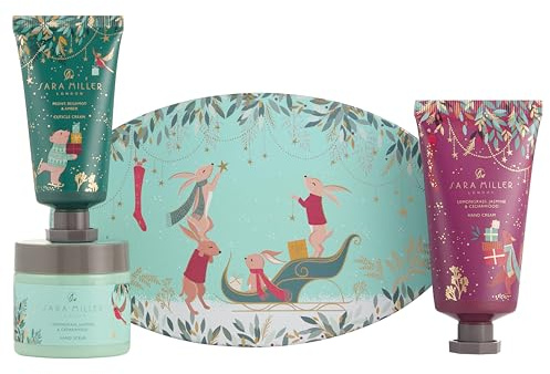 Sara Miller London Hand Cream 50ml, Cuticle Cream 50ml, Hand Scrub 50g In Oval Tin, Moisturiser, Shea Butter, Argan Oil, Travel Size, Vegan and Cruelty Free, Beauty Gift, Christmas Stocking Filler