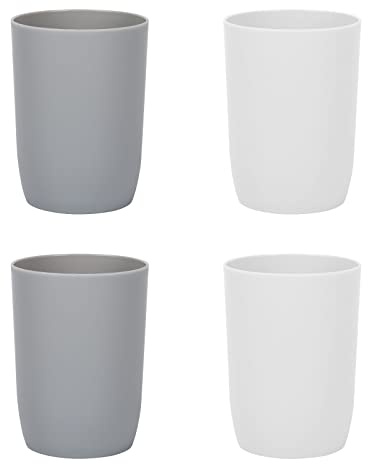 Hebaogugu Zahnputzbecher, Stapelbare Kunststoffbecher 4er Pack 280 ml, Wiederverwendbare Kunststoff-Wasserbecher für Küche, Bad, Bunte Mundspülbecher für Erwachsene, Kinder (Grau + Weiß)