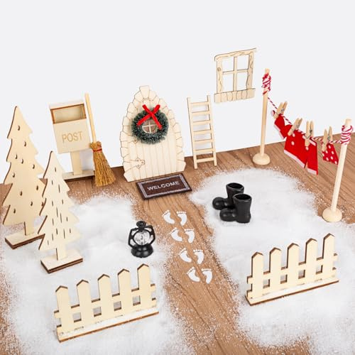 Kiiwah 15 Pezzi Porta Elfo Natale Kit, Riutilizzabile Porta Degli Elfi Casa Elfi in Miniatura con Punto di Colla Casetta Elfo Natale Include Set Stendibiancheria, Porta, Stivali, Ghirlanda