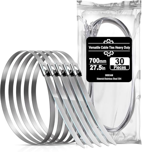 Deecam Stainless Steel Cable Ties 10×300mm Metal Cable Tie 30 Pcs | 304 Stainless Zip Ties with Steel Ball Stopper, Suitable for Exhaust Wrapping, Binding Tie, Garden Repair and Fixed Fence