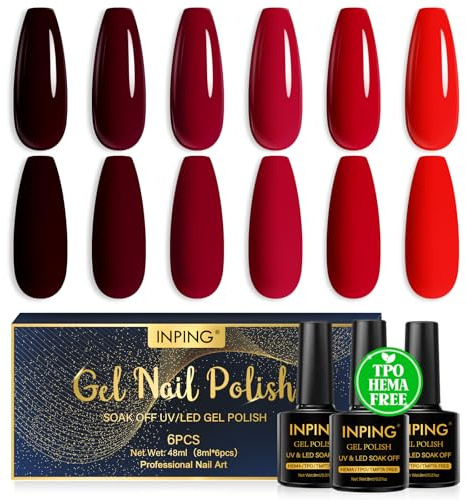 INPING Gel Nail Polish TPO-FREE Burgundy Red 6 Colors UV Nail Varnish 8ML | Burgundy Dark Red Gel Nail Polishes Set Soak-Off UV/LED Gel Polish Christmas Gift for Girls Nail Art Varnish at Home
