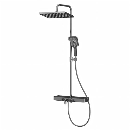EMKE Duschsystem mit Thermostat, 360 × 240 mm Regendusche mit armatur, Regendusche Komplettset mit Glasablage (450×130 mm), Duschset mit Handbrause 3 Strahlarten, höhenverstellbar, KTW, Anthrazit Matt