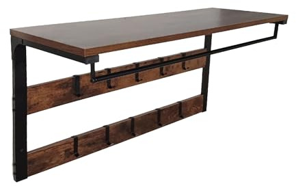 Relaxdays Wandgarderobe, 10 Haken, Dunkelbraun/schwarz | Ablage & Kleiderstange, HBT 42x80x30 cm, Industrial, MDF, Metall