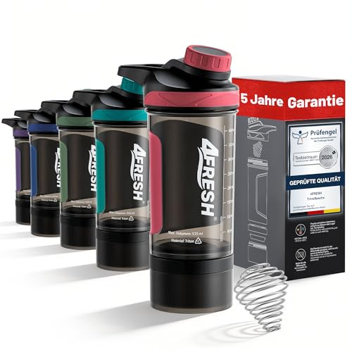 4FRESH Shaker Protéiné 500 ml en Tritan, Sans BPA avec Échelle et Fermeture Magnétique, Shaker Premium avec Mélangeur Spirale et Boîte de Rangement pour Poudre et Gélules, Idéal Fitness et Gym