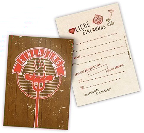 itenga 12 x Einladungskarten BBQ rustikal rot braun Grillparty Geburtstag Vintage Holz DIN A6 hoch