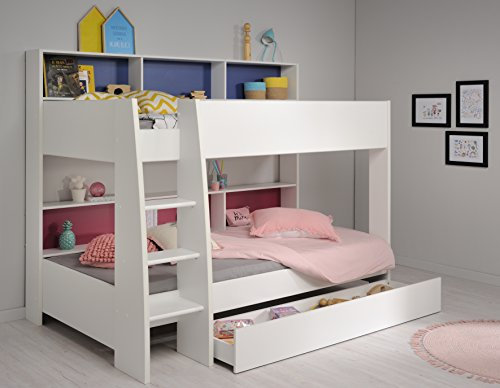 Etagenbett Leo 90x200cm mit Bettkasten - weiß/blau/rosa