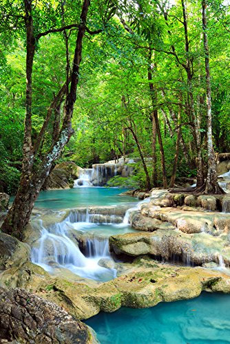 Wasserfälle - Erawan Wasserfälle im Kanchanaburi Nationalpark in Thailand - Blue Water - Natur Paradies Poster - Größe cm + 2 St Posterleisten Alu 63 cm