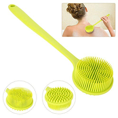 Double-Sided Shower Brush, Silicone Bendable 15Inch Long Handle Exfoliating Massage Body Brush Scrubber for Women, Elderly and Children Sensitive Skin Bath Tool