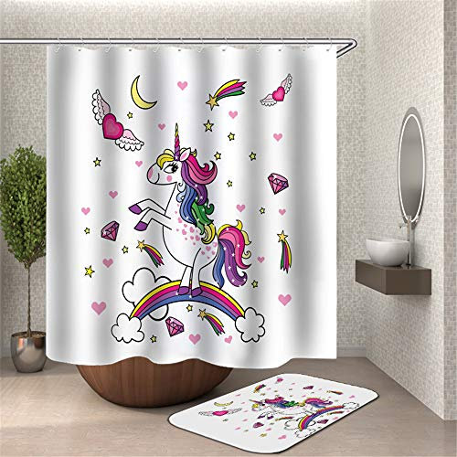 Chickw1 Rideau de Douche Rideaux de Salle de Bain, Imperméable Tissu Lavable Polyester Style Nordique 3D Impression Numérique Art Décorations Rideau avec 12 Crochets (Licorne Amour,90x180cm)