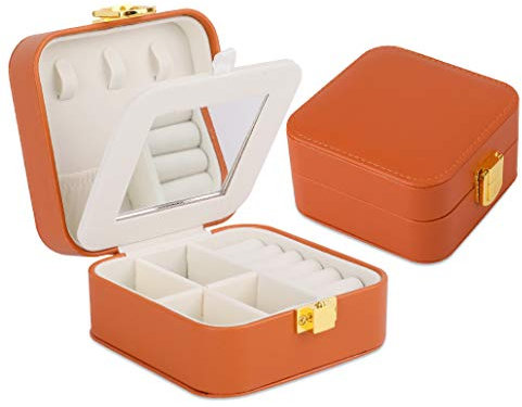 iSuperb Kleine Reisen Schmuckkästchen Small Travel Jewelry Box Mini Schmuckschatulle Schmuckbox Schmuckkoffer Mädchen für Ringe Ohrringe Halskette (Braun)