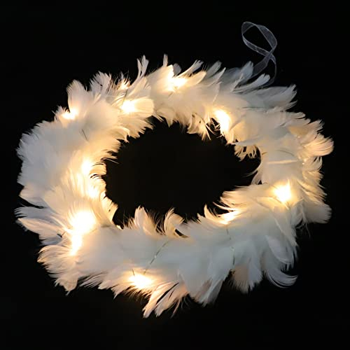 Uonlytech Weiße Federgirlande. Weiß Feder Kranz Weihnachten Kranz für Front Tür Feder Kranz mit Led- Leuchten für Indoor Outdoor Halloween Party Dekorationen Weihnachtskranz Mit Lichtern