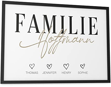Papierschmiede® Bild Familie Personalisiert mit Namen und Herzen, DIN A3 (30x42 cm) Rahmen wählbar, personalisierte Geschenke zum Einzug Hausbau Wohnung Einzugsgeschenk Flur Bilder