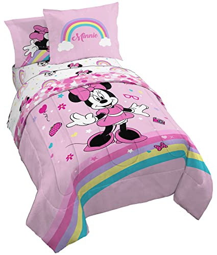 Jay Franco Disney Minnie Mouse Rainbow Stripe 5 Piece Twin Size Bed Set - Includes Reversible Comforter & Sheet Set - Super Soft Kids Bedding Fade Resistant Microfiber (Official Disney Product)