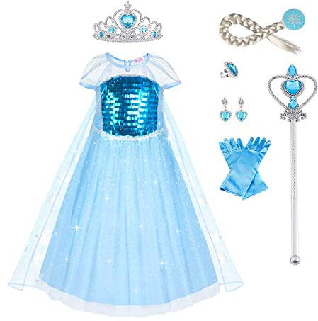 URAQT Prinzessin Kostüm Kinder, Prinzessin Kleid Mädchen, 10-teiliges Set Prinzessinnenkleid Kinder mit Krone Handschuhe Zauberstab usw für Halloween Weihnachten Verkleidung Karneval Party (120cm)