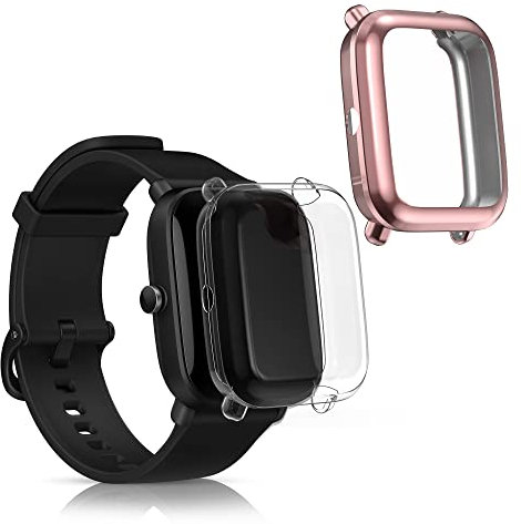 kwmobile Carcasa Compatible con Huami Amazfit A1608 / Bip U/Bip U Pro Funda - 2X Protector Pantalla Completo - Ultrafino y antigolpes - Transparente/Rosa Palo