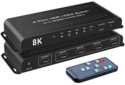 8K 60HZ HDMI 2.1 Switch 4X1, HDMI Switch Splitter 4K 120Hz, HDMI Switcher 4 In 1 Out 4 Port HDMI Selector support 48Gbps VRR HDCP2.3 HDR10 D-olby Vision for QLED TV,PS5,Xbox,SkY Q,Roku,Fire Stick