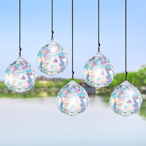 Leonshco 5 Stück Sonnenfänger Kristalle zum Aufhängen, Prisma Kristall, 30 mm, erfasst Sonnenlicht, erzeugt einen leuchtenden Regenbogeneffekt, des Geschenkersatzes, für Fenster, Gärten, Hochzeiten