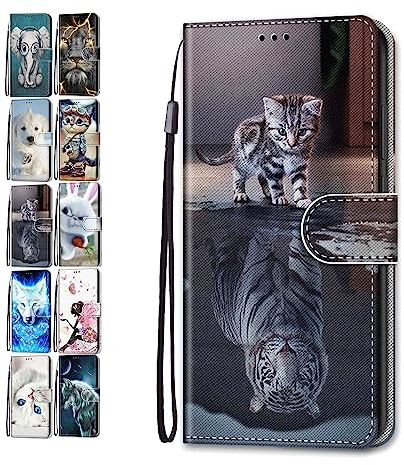 Hülle für Samsung Galaxy S10 Leder Tasche Flip Case Mädchen Jungs Muster Design Etui Schutzhülle Cover Handyhülle - Katzen Tiger