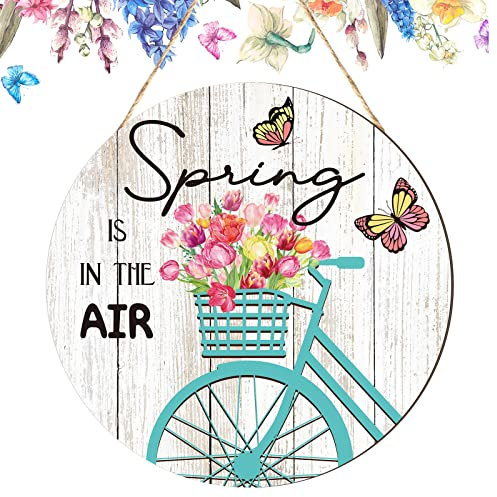 Wesiti Hello Spring Türhänger Haustürschild Runder Kranz Rustikale Esstisch Dekoration Holz Mittelstück für Zuhause Outdoor Veranda (Fahrrad)