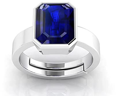 JAGDAMBA GEMS 13,25 Ratti zertifizierter blauer Saphir (Neelam) Silber+weißer Metallring für Damen und Herren, Ring mit natürlichem blauem Saphir, Neelam, versilbert, verstellbarer Edelstein, Blauer