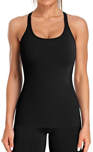 ATTRACO Workout Gym Tops Women with Built in Bras Yoga Tank Tops Running Shirts Fit Sport Vest Black