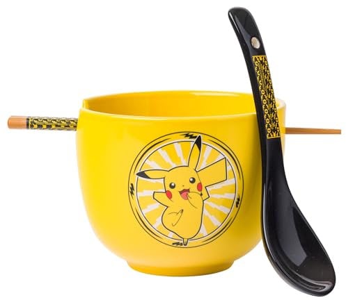 Silver Buffalo Pokemon Pikachu Electric Ceramic Ramen Noodle Rice Bowl with Chopsticks and Spoon, Microwave Safe, 20 Ounces