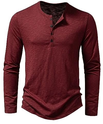 Men's Casual Grandad Collar Henley T Shirt Muscle Fit Summer Smart Long Sleeve 4 Buttons Tee Slim Fitted Collarless Polo T-Shirts Tops-Z-Wine Red-L