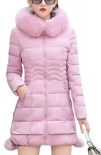 ORANDESIGNE Cappotto Invernale Donna Piumino Giacca Lungo Giubbino con Pelliccia Cappuccio Piumino Cappotti Eleganti Caldo Parka Outwear Trench Giubbotto con Zip e Tasche C Rosa XS