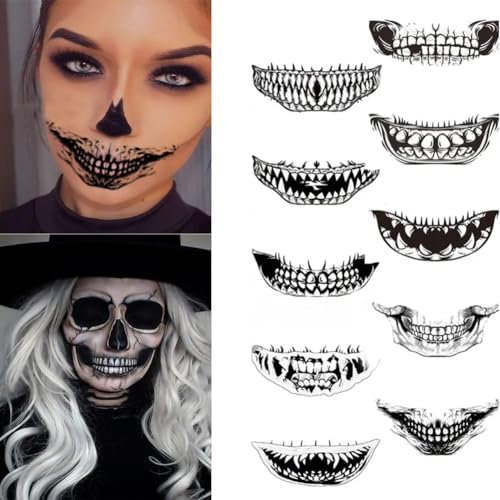 HUPOO 10 Sheets Halloween Prank Makeup Temporary Tattoo,Halloween Face Tattoos Horror Big Mouth Lips Sticker For Prank Party Props Horror Cosplay Costume Makeup Props For Halloween Cosplay Decorv.