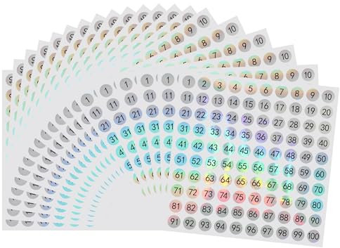 HYBSK 2000 Stück 1 bis 100 Zahlenetiketten, 1 cm, runde Punkte-Aufkleber für Lagerbestand, Organisation, Boxen, Behälter, Werkzeugkasten, Schließfach – 20 Blatt (holografisch)