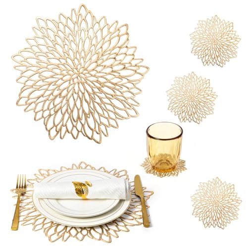 Gold Charger Plates Set of 16 Gold Table Placemats & 16 Pcs Coasters Place Mats Wipeable Christmas Holiday Vinyl Round Placemats Wedding Kitchen Dinner Farmhouse Dining Table Setting Decor