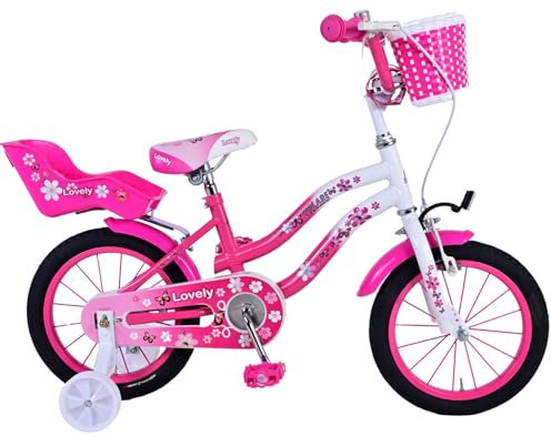 Volare Lovely 14 Zoll Kinderfahrrad pink/weiß - Handbremse, Rücktrittbremse, Stützräder und mehr!