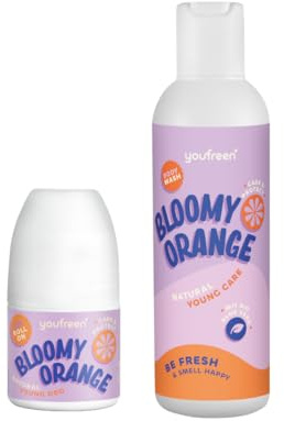 youfreen Happy-Routine-Set: Duschgel (200ml) und Deodorant (50ml) für Kinder & Teens/Deo für Kinder/Jungen & Mädchen/vegane Naturkosmetik/Bio-Aloe-Vera/Deoroller (Bloomy Orange)