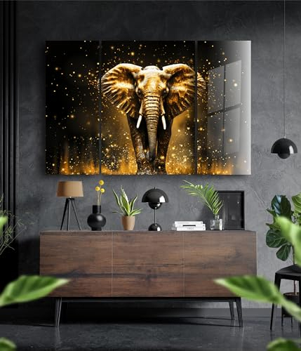 Tableau mural - En verre acrylique - Motif éléphant - Pas de toile - Tableau mural moderne XXL - Décoration murale design abstrait - 120 x 80 cm - 3 pièces