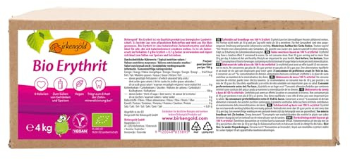 Birkengold Bio Erythrit, 4kg Beutel | aus biologischer Landwirtschaft | kalorienfreier Zuckerersatz| schmeckt wie Zucker | vegan | zahnfreundlich | glykämischer Index von 0