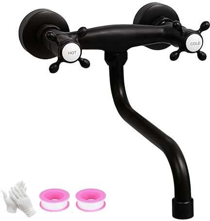 NIUKOMY Miscelatore Lavello Cucina a Muro Nero, Rubinetto Cucina a Parete in Ottone Nero, Girevole 360° Vintage Rubinetto Doppia Manopole Caldo e Freddo per Cucina Bagno Vasca Lavanderia