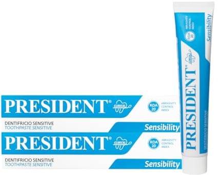 President Set mit 2 sensitiven Zähnen für empfindliche Zähne und Zahnfleisch. Sanft, schnelle Entlastung der Zahnempfindlichkeit und schützt das Zahnfleisch. RDA 20. 2 x 75 ml