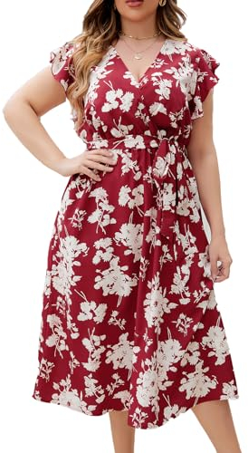 LIAMERHE Damen Übergröße Kleid Elegant V-Ausschnitt Große Größen Casual Kurzarm Kleider A Linie Sommerkleid Blumenmuster Mode Freizeitkleider