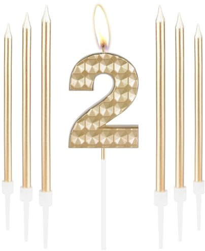 2nd Birthday Candles, Champagne Gold Number 2 Cake Topper for Girls Boys, Happy Birthday Decorations for Women Men Party Decor Wedding Anniversary