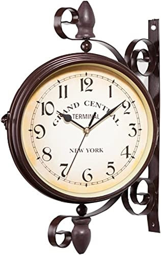 Retro Bahnhofsuhr Doppelseitige Retro-Uhr, Metall-Garteneckuhr, stumme Metallseiten-Stationsuhr for Korridore, Veranda, Bahnhof, Terrasse, Pool, Zaun, Badezimmer, Heimdekoration ( Color : Zwart )