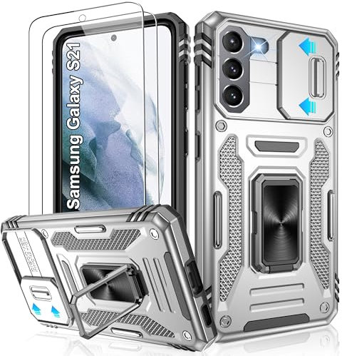 Jshru Handyhülle für Samsung Galaxy S21 5G Hülle Kameraschutz Slide Camera mit 2 Stück Schutzfolie, 360° Metall Ring Ständer Case, Stoßfest Schutzhülle für Samsung Galaxy S21 5G,Grau