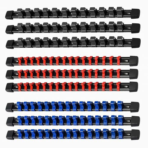 Zevmi 9 Pièces Ensemble d'Organisateurs de Douilles:Supports de Clé à Douille,Outils Organisateurs de Douilles pour Rail 1/4, 3/8, 1/2, Roulements à Billes Ressort Sécurisé, pour Rangement Outils