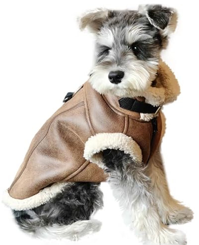 EUTYRG Hunde-Motorradjacke aus Leder, Winter-Hundemantel mit Fleecefutter und D-Ringen, Rollkragen, Winddicht, warm, für Welpen, V (braun, XL)