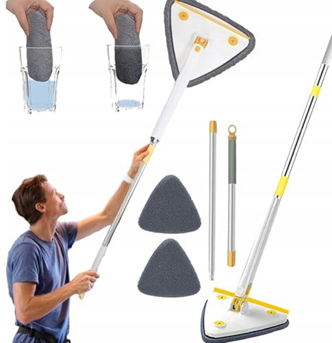Hooha 2 in 1 Auswringfunktion Fensterputzer Dreieck Fensterreiniger mit Teleskopstiel Stange 127cm Abzieher und 2 Mikrofaserbezug Effizient und Bequem für Fenster/Glas/Boden/Badezimmer (Weiß)